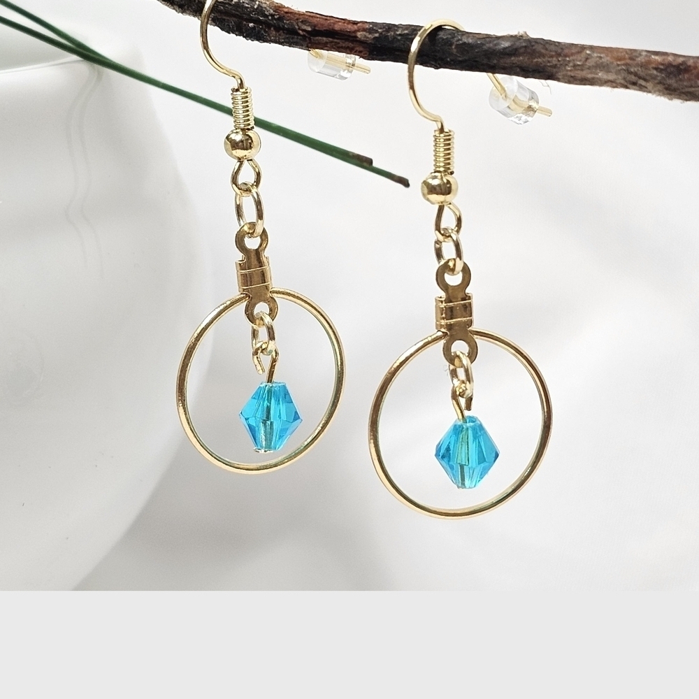 Blue Torquiose Bicone Glass Bead Gold Tone Hoop Dangle Drop Earrings